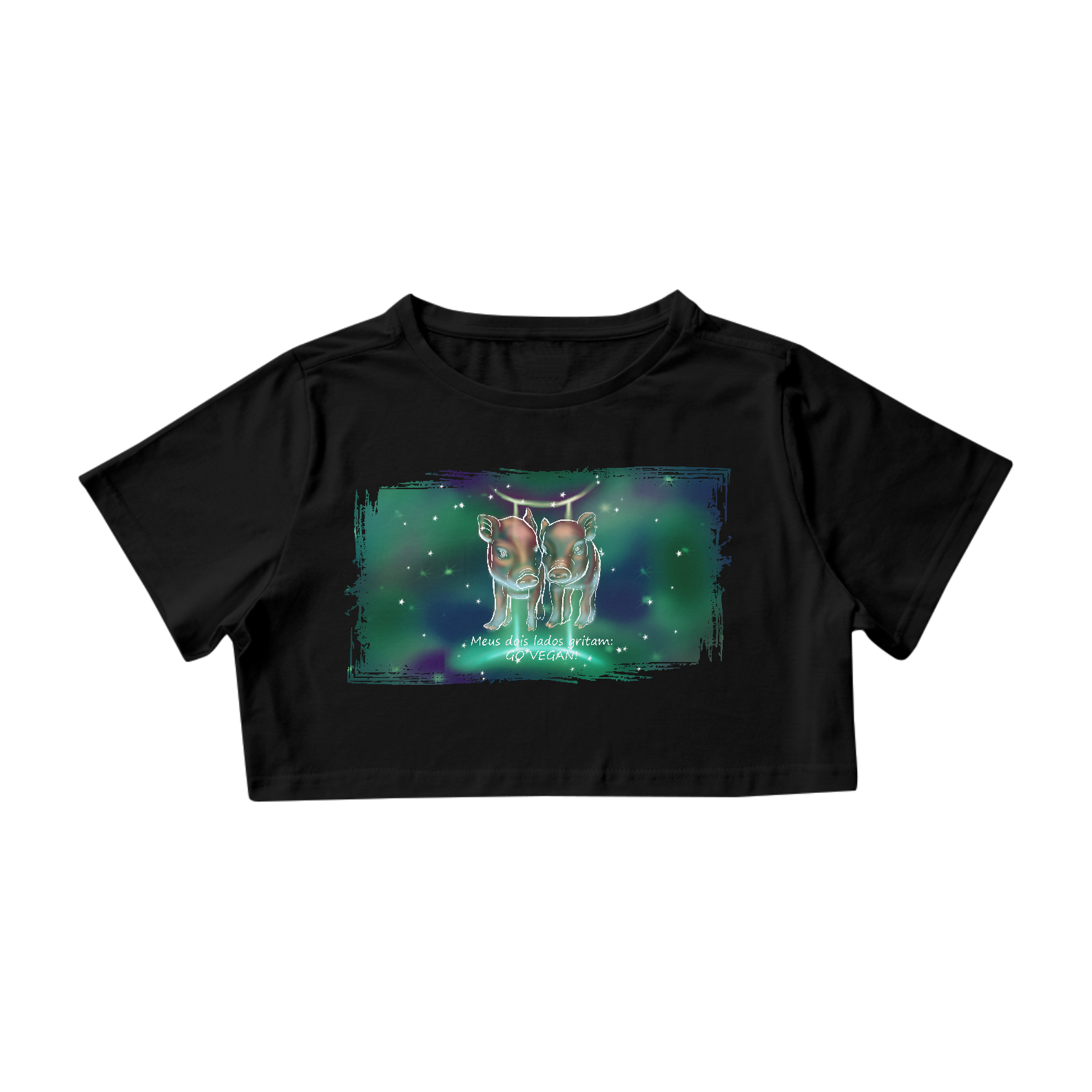 Camiseta Cropped | Gêmeos | Meus dois lados gritam: GO VEGAN! | Color