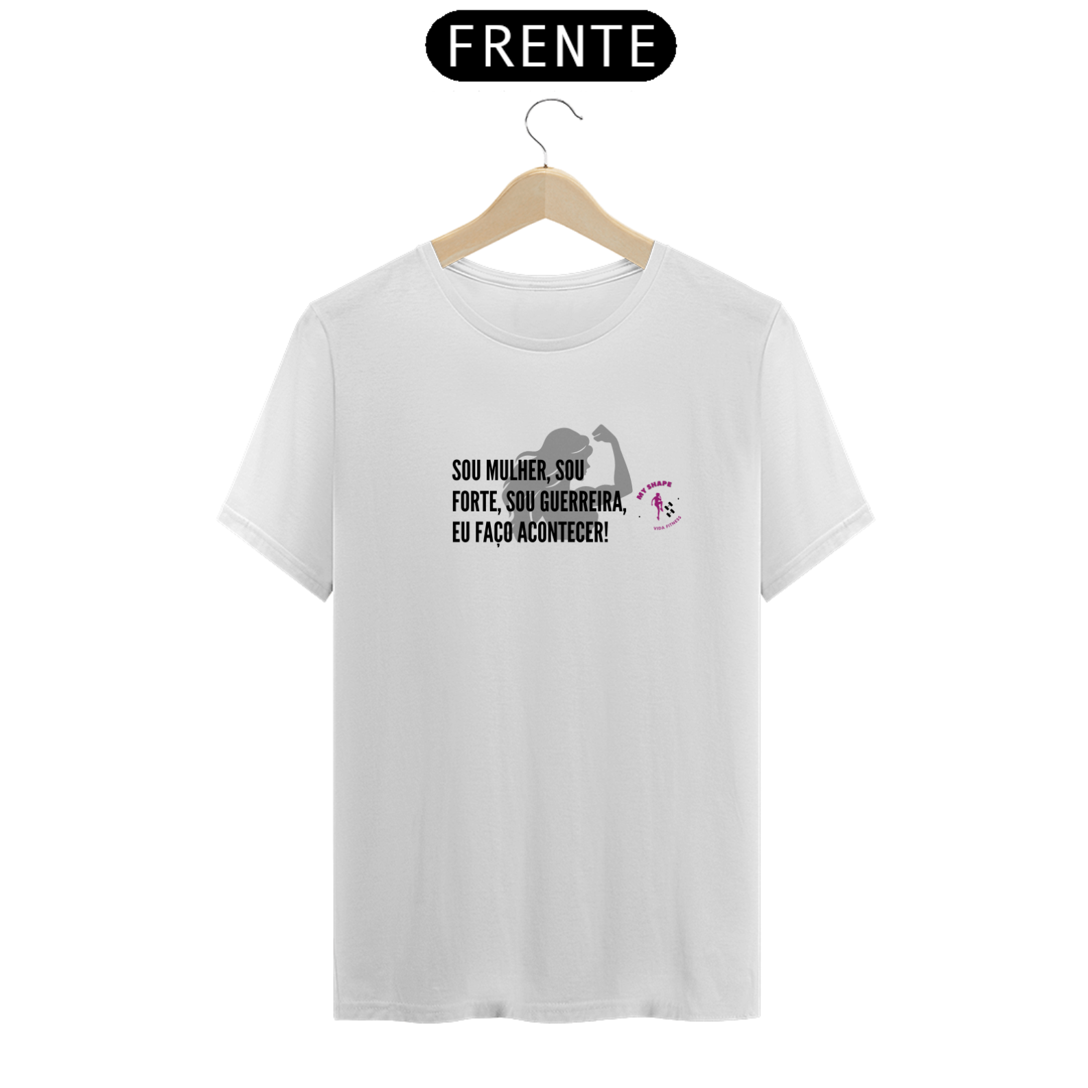 T-shirt Algodão feminina Mulher Guerreira branca, rosa e cinza