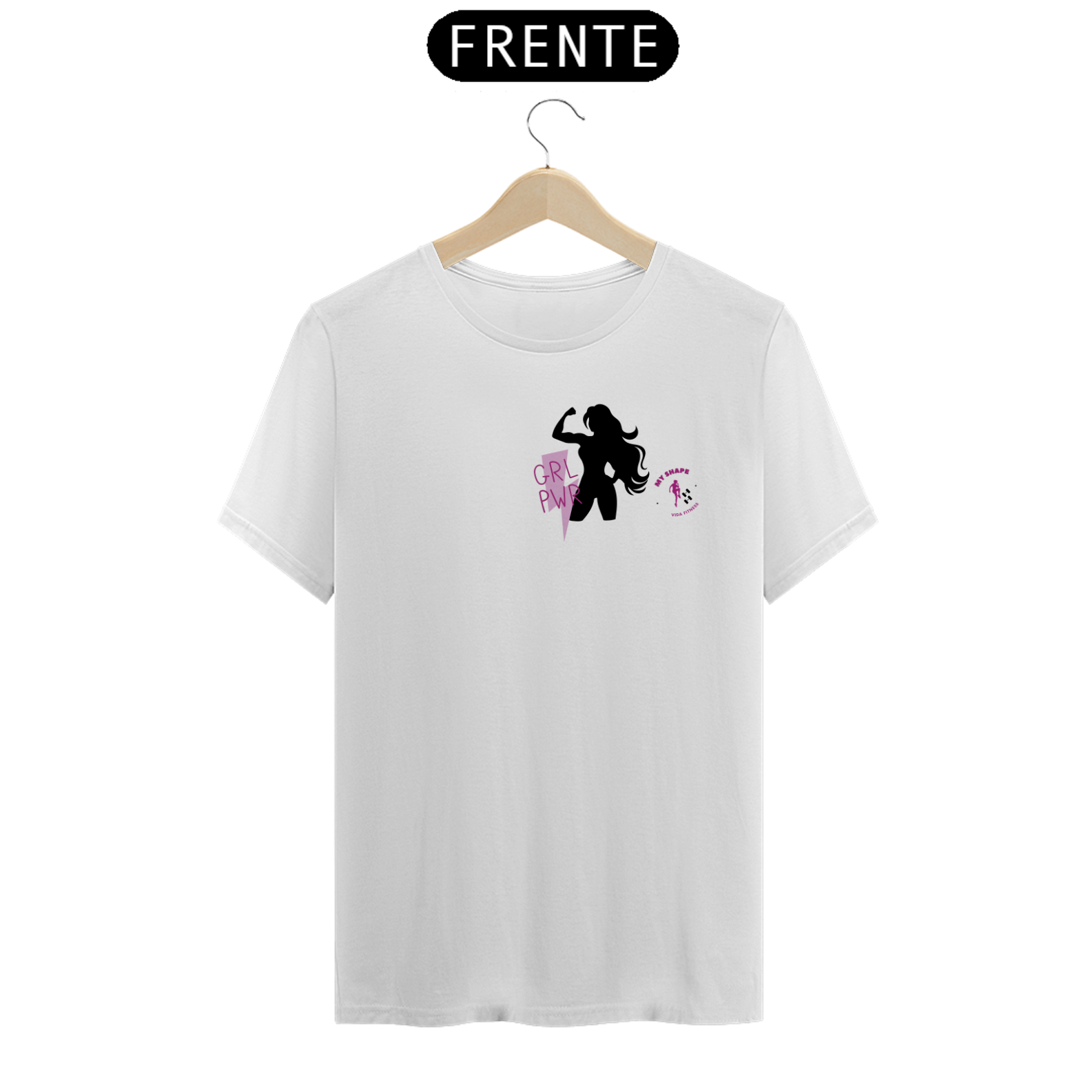 T-shirt Algodão feminina GRL PWR branca, rosa e cinza 