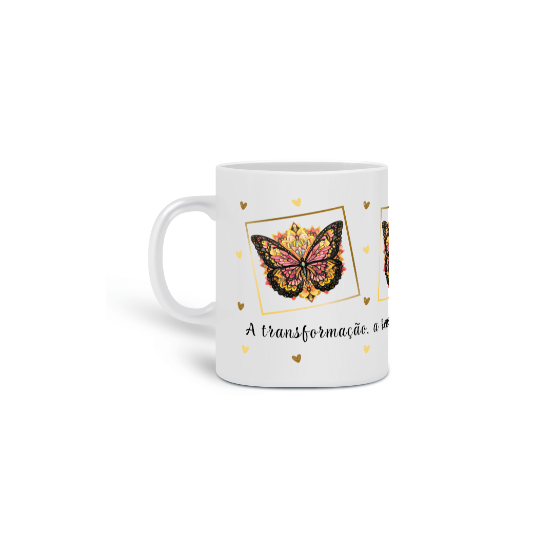 Caneca de Porcelana Mandala da Borboleta. A transformação, a renovação, a felicidade e a beleza.