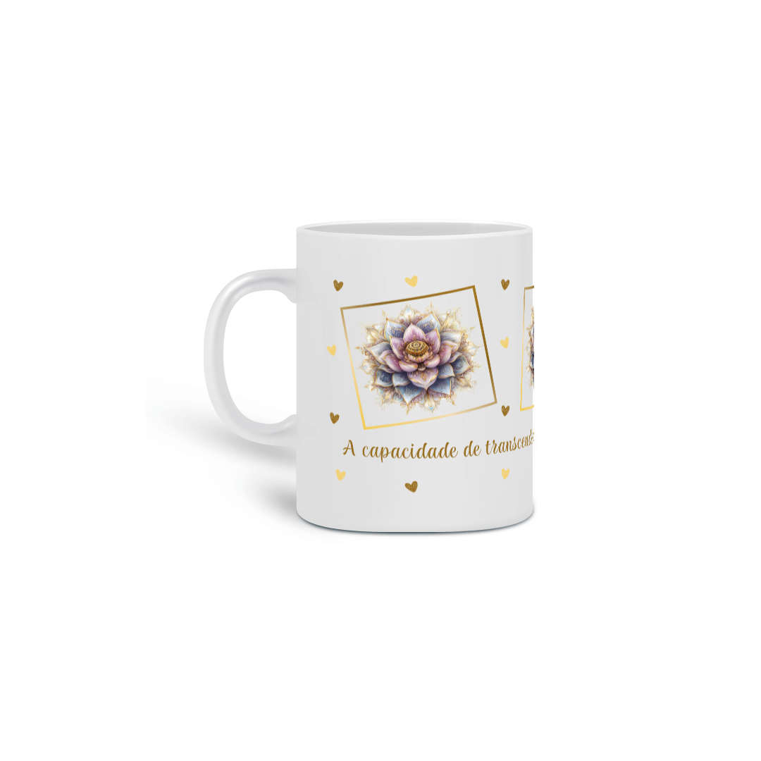 Caneca de Porcelana Mandala Flor-de-Lótus. A capacidade de transcender adversidades e a pureza espiritual.