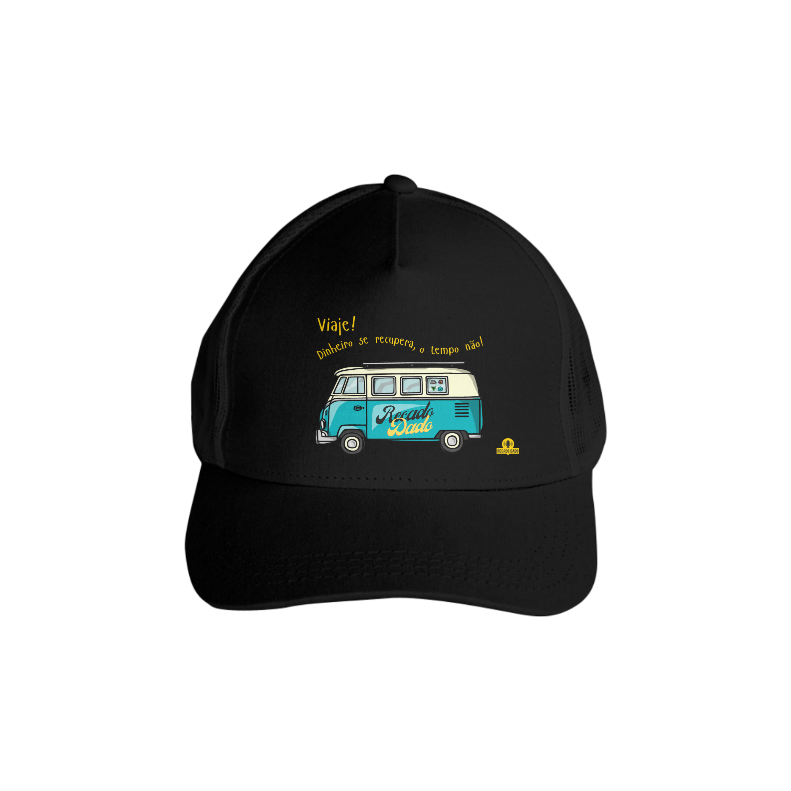 Boné aba curva de viagem com linda estampa de Kombi motor home e a frase 