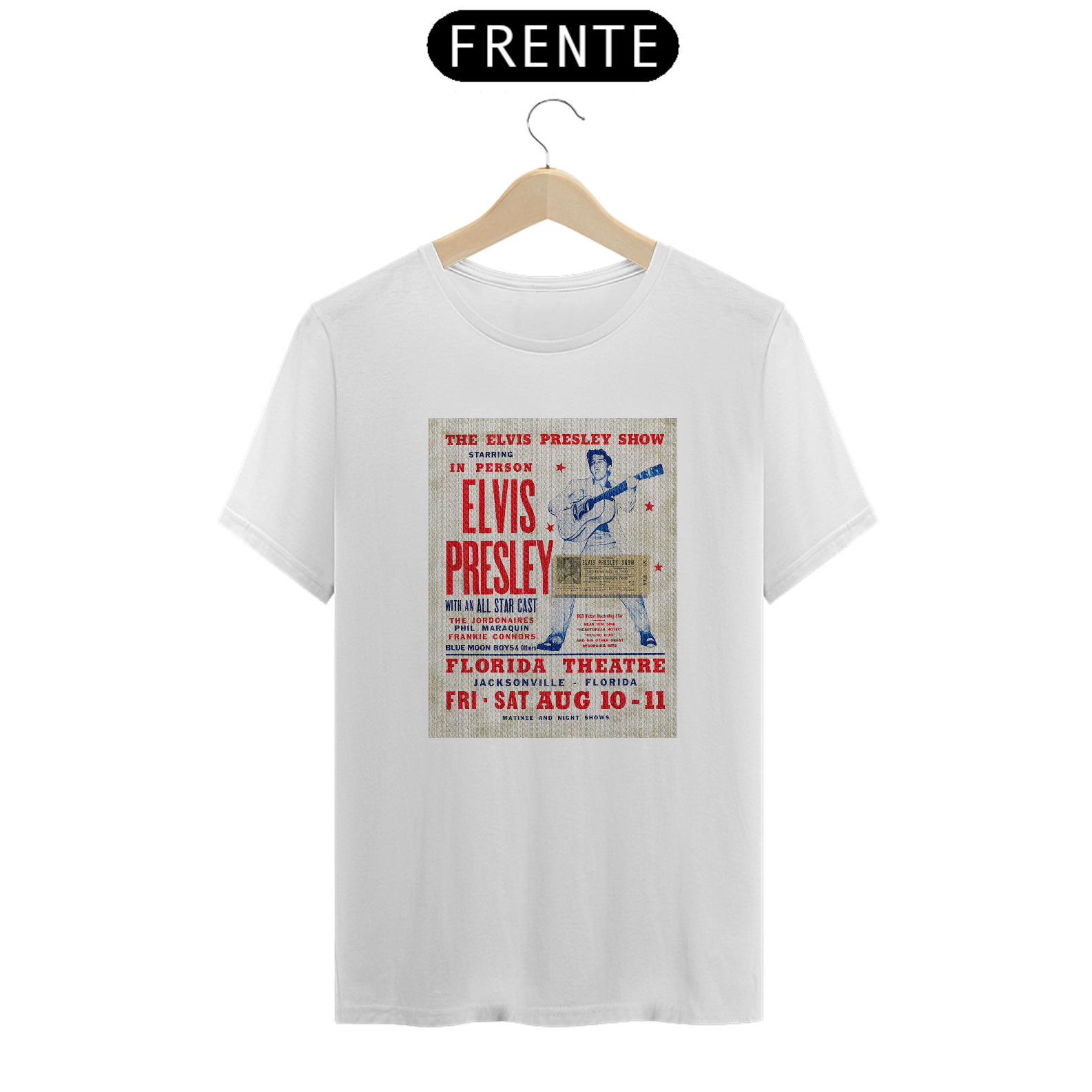 Camiseta Elvis Presley - Jacksonville 1956 - ANTES DE COMPRAR VEJA TABELA DE MEDIDAS ABAIXO DO BOTÃO COMPRAR, POIS TROCA POR ERRO DE TAMANHO É DE RESPONSABILIDADE SUA E GERA CUSTO PRA VOCÊ