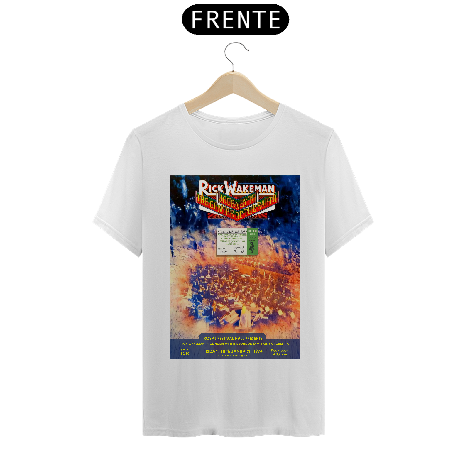 Camiseta Rick Wakeman Show em Londres 1974 com ingresso original - ANTES DE COMPRAR VEJA TABELA DE MEDIDAS ABAIXO DO BOTÃO COMPRAR, POIS TROCA POR ERRO DE TAMANHO É DE RESPONSABILIDADE SUA E GERA CUSTO PRA VOCÊ