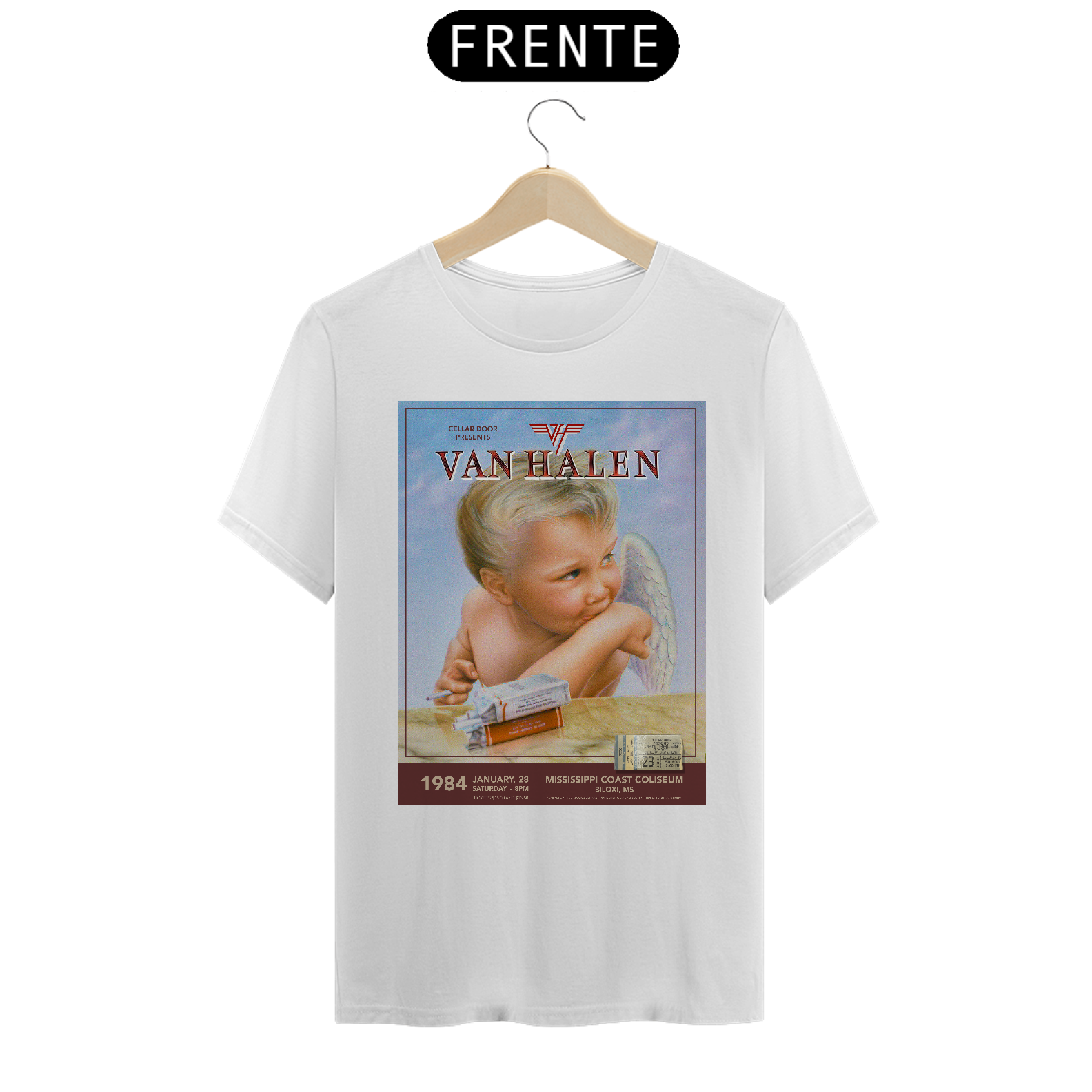 Camiseta Van Halen show de 1984 no Mississippi+ ingresso original  - NOSSAS CAMISETAS SÃO MAIS AJUSTADAS AO CORPO - ANTES DE FINALIZAR, VEJA TABELA DE MEDIDAS ABAIXO DO BOTÃO COMPRAR OU COMPRE UM TAMANHO MAIOR.