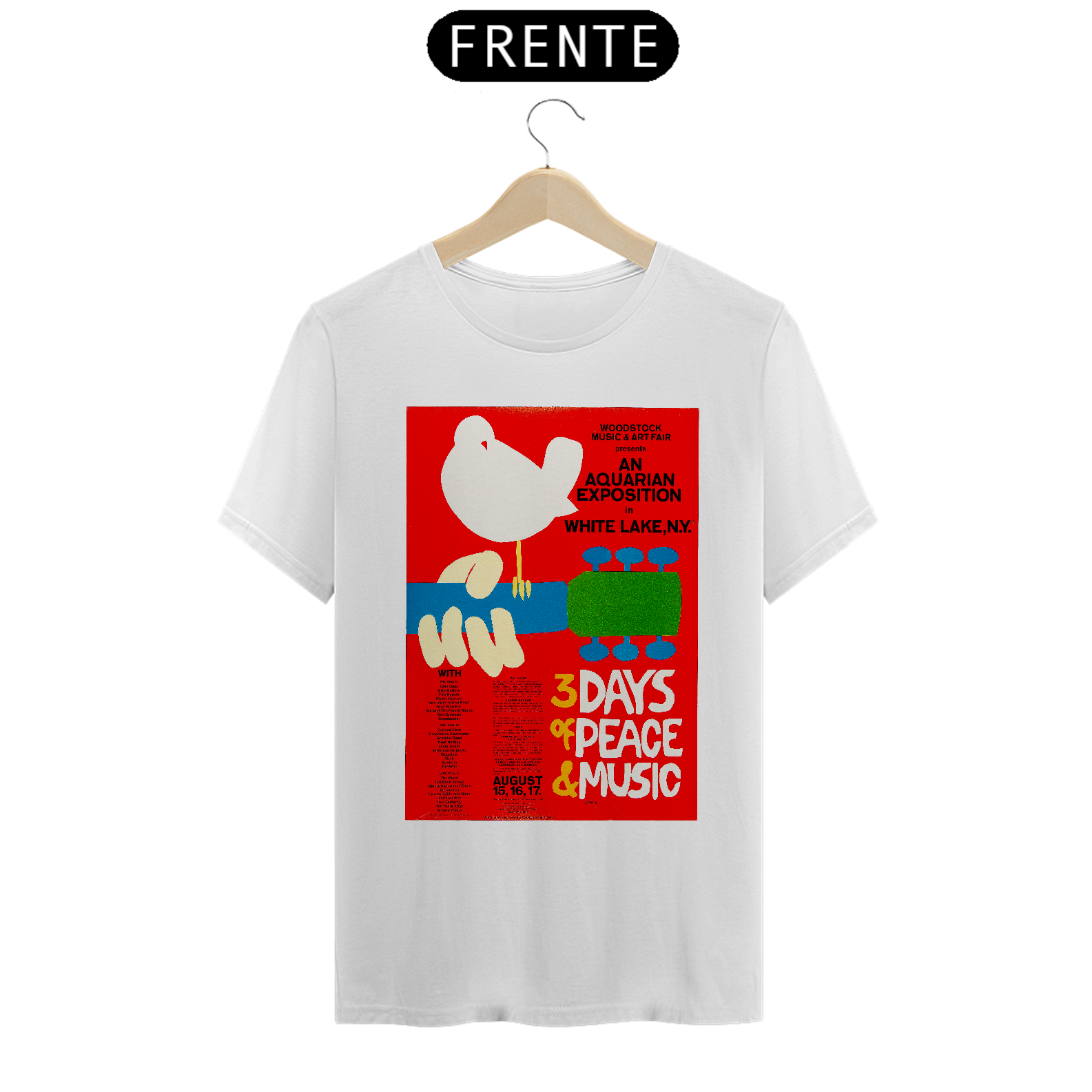 Camiseta Poster Original Festival Woodstock de 1969 - - NOSSAS CAMISETAS SÃO MAIS AJUSTADAS AO CORPO - ANTES DE FINALIZAR, VEJA TABELA DE MEDIDAS ABAIXO DO BOTÃO COMPRAR OU COMPRE UM TAMANHO MAIOR.