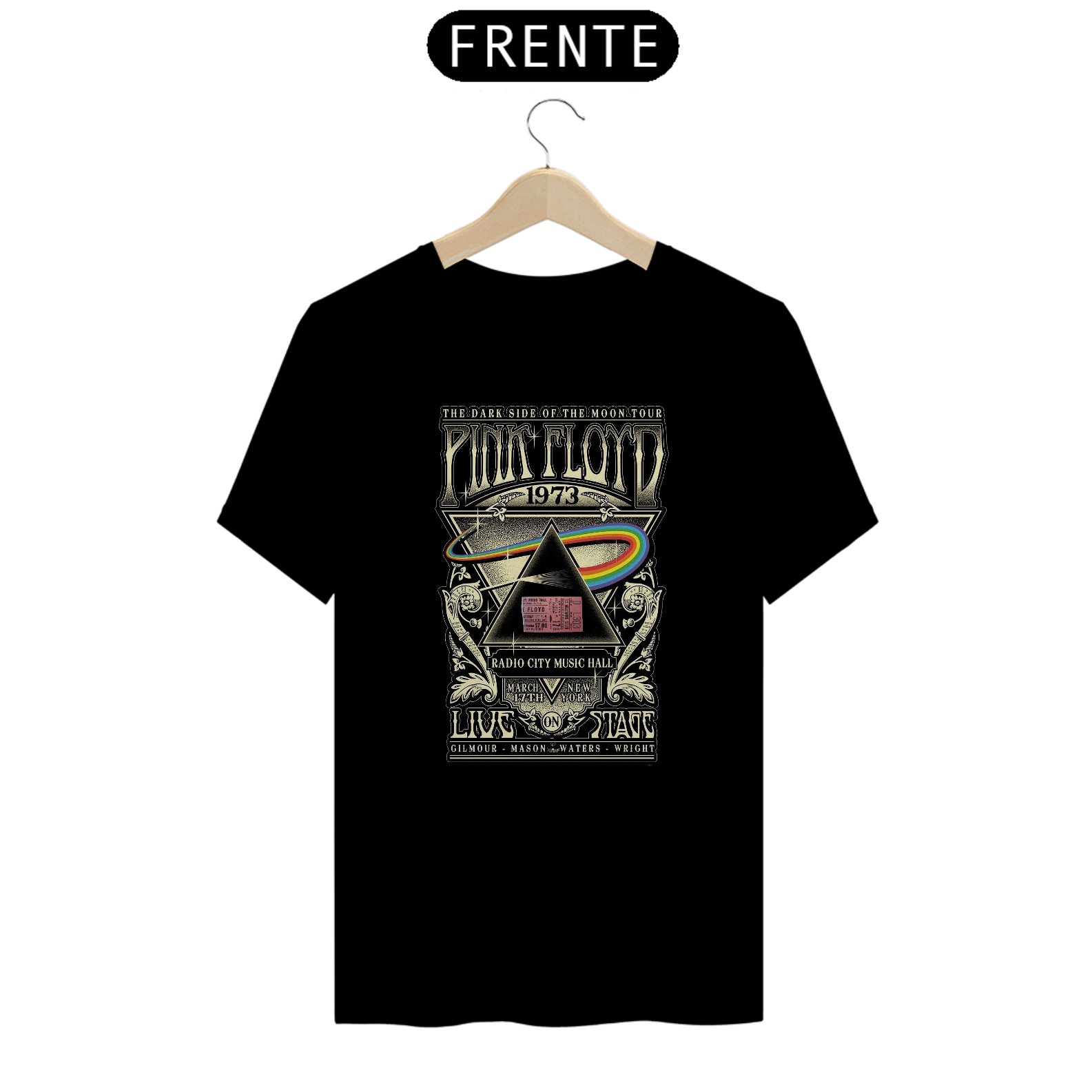 Camiseta Pink Floyd - Dark Side Of The Moon Show de 1973 - ANTES DE COMPRAR VEJA TABELA DE MEDIDAS ABAIXO DO BOTÃO COMPRAR, POIS TROCA POR ERRO DE TAMANHO É DE RESPONSABILIDADE SUA E GERA CUSTO PRA VOCÊ