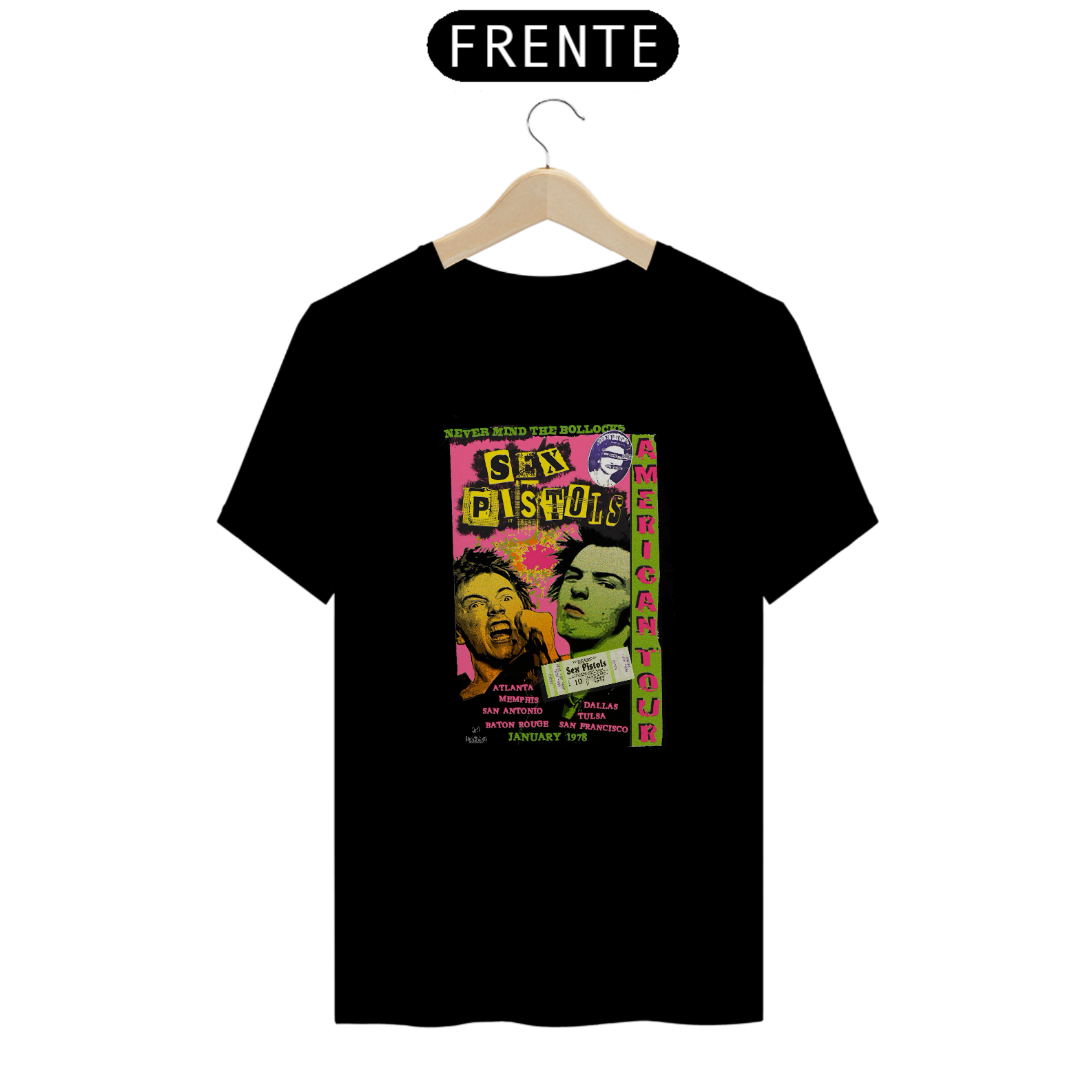 Camiseta Sex Pistols American Tour Dallas 1978 com seu ingresso original - ANTES DE COMPRAR VEJA TABELA DE MEDIDAS ABAIXO DO BOTÃO COMPRAR, POIS TROCA POR ERRO DE TAMANHO É DE RESPONSABILIDADE SUA E GERA CUSTO PRA VOCÊ