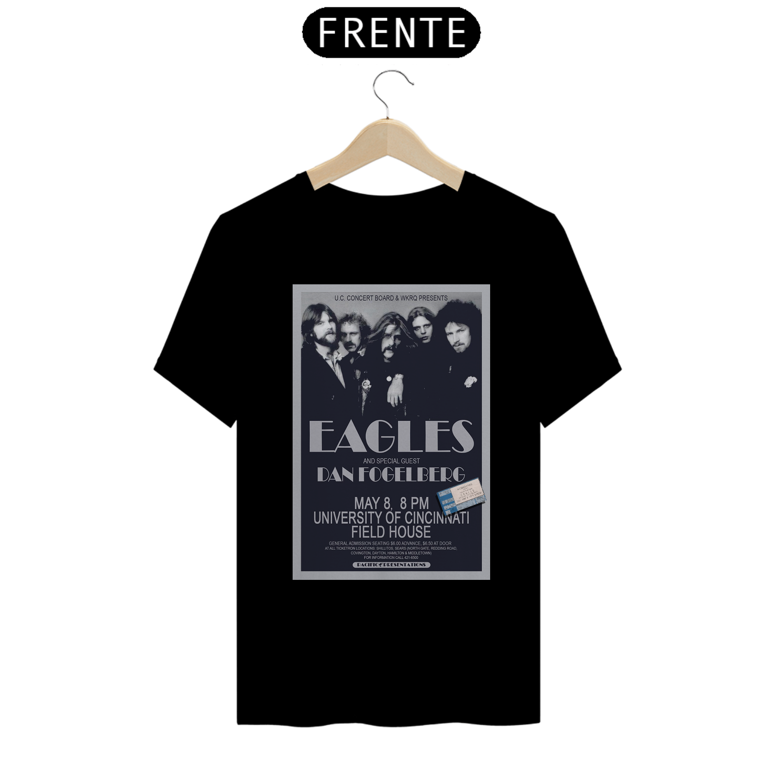 Camiseta Eagles Show de 1975 em Cincinnati com ingresso original - ANTES DE COMPRAR VEJA TABELA DE MEDIDAS ABAIXO DO BOTÃO COMPRAR, POIS TROCA POR ERRO DE TAMANHO É DE RESPONSABILIDADE SUA E GERA CUSTO PRA VOCÊ