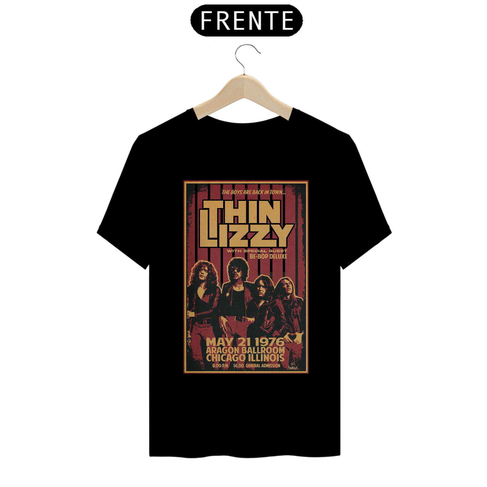 Camiseta Thin Lizzy show de 1976 em Chicago - ANTES DE COMPRAR VEJA TABELA DE MEDIDAS ABAIXO DO BOTÃO COMPRAR, POIS TROCA POR ERRO DE TAMANHO É DE RESPONSABILIDADE SUA E GERA CUSTO PRA VOCÊ