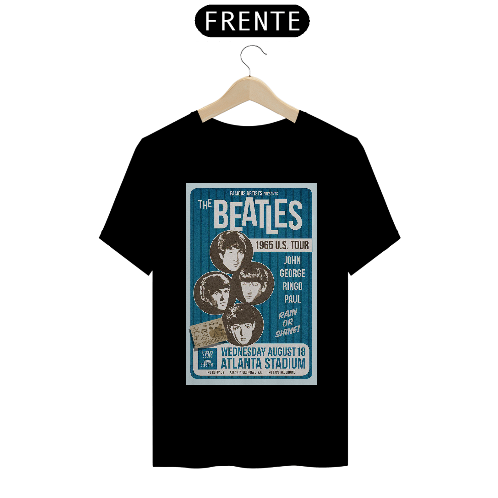 Camiseta The Beatles US Tour 1965 - Atlanta com o ingresso original - NOSSAS CAMISETAS SÃO MAIS AJUSTADAS AO CORPO - ANTES DE FINALIZAR, VEJA TABELA DE MEDIDAS ABAIXO DO BOTÃO COMPRAR OU COMPRE UM TAMANHO MAIOR.