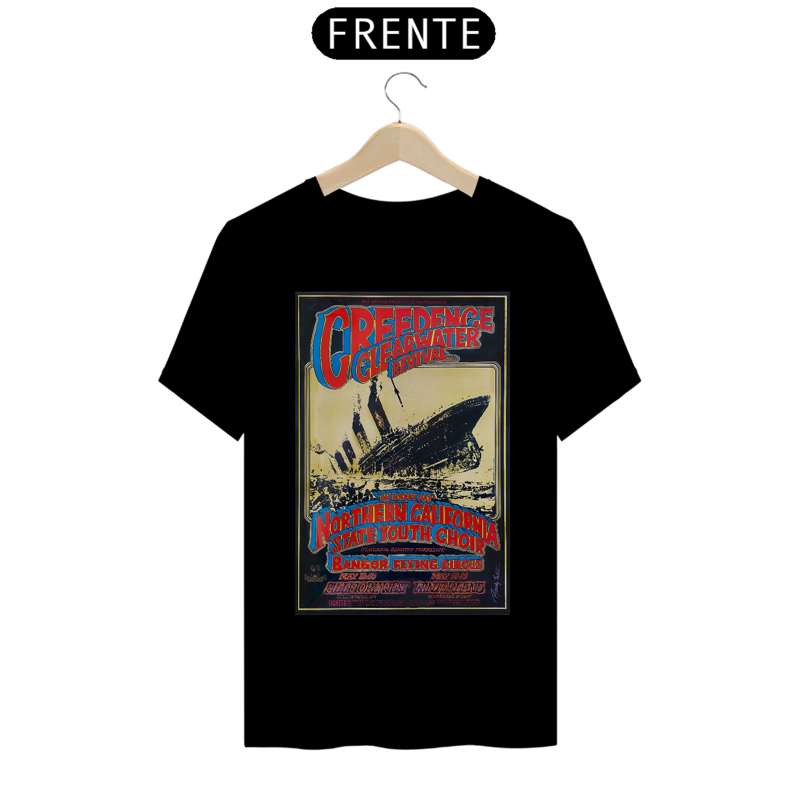 Camiseta Creedence Clearwater Revival Show de 1969 em San Francisco - ANTES DE COMPRAR VEJA TABELA DE MEDIDAS ABAIXO DO BOTÃO COMPRAR, POIS TROCA POR ERRO DE TAMANHO É DE RESPONSABILIDADE SUA E GERA CUSTO PRA VOCÊ