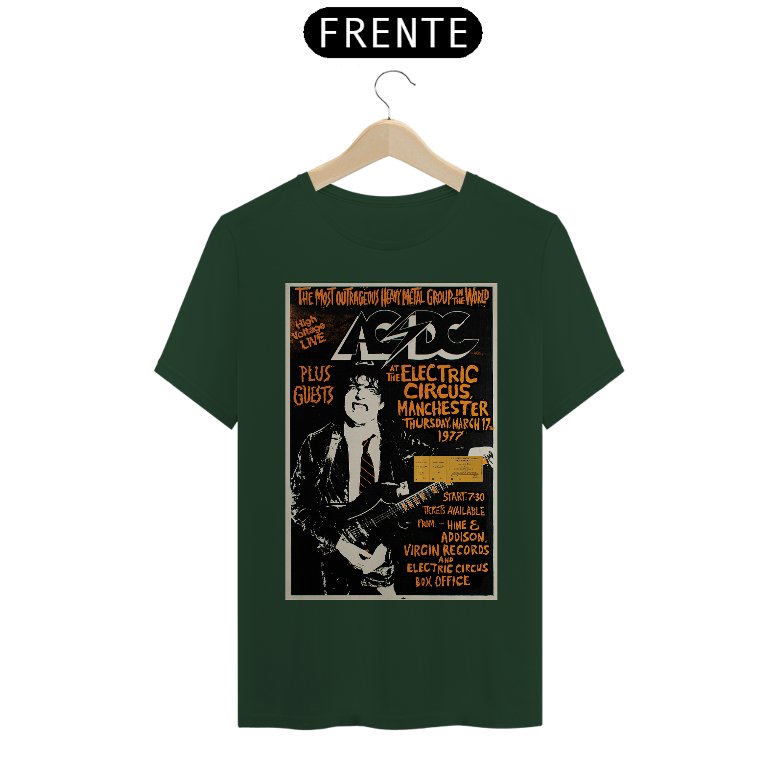 Camiseta ACDC Show em Manchester de 1977 com seu ingresso Original - ANTES DE COMPRAR VEJA TABELA DE MEDIDAS ABAIXO DO BOTÃO COMPRAR, POIS TROCA POR ERRO DE TAMANHO É DE RESPONSABILIDADE SUA E GERA CUSTO PRA VOCÊ
