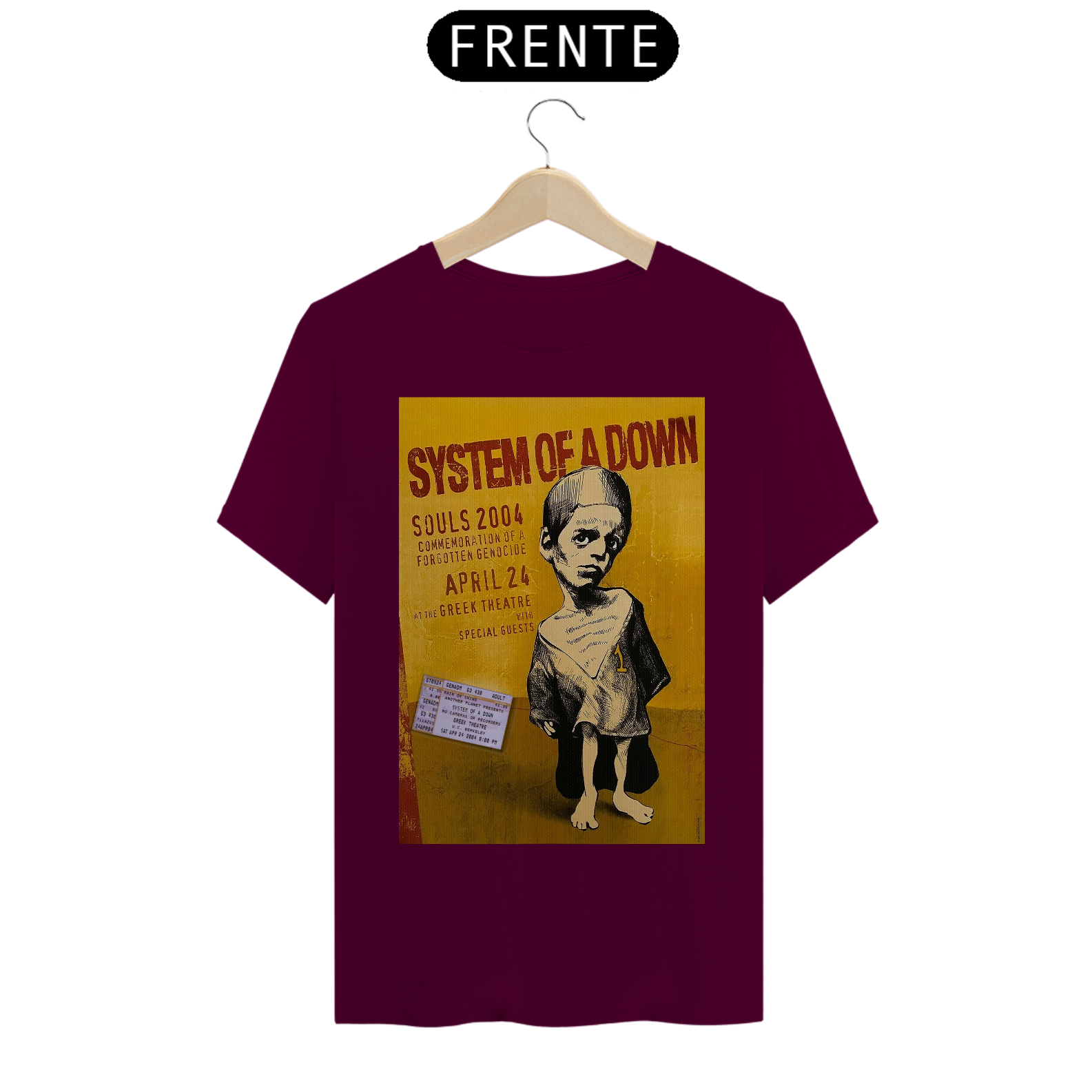Camiseta System Of Down show de 2004 com ingresso original- NOSSAS CAMISETAS SÃO MAIS AJUSTADAS AO CORPO - ANTES DE FINALIZAR, VEJA TABELA DE MEDIDAS ABAIXO DO BOTÃO COMPRAR OU COMPRE UM TAMANHO MAIOR.