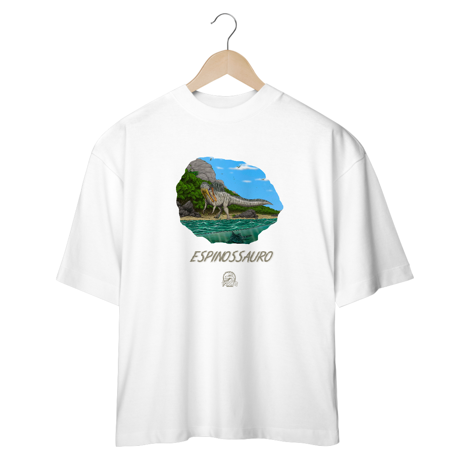 Camiseta Oversized Espinossauro em Cor | Ilustração por Leandro Sanches 