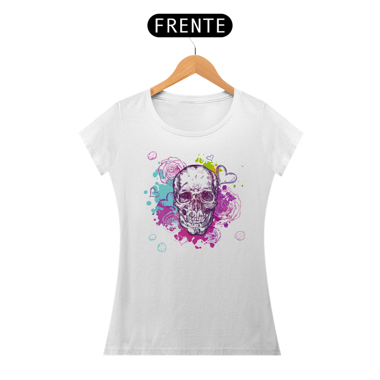 Camiseta baby long classic caveira flor pink