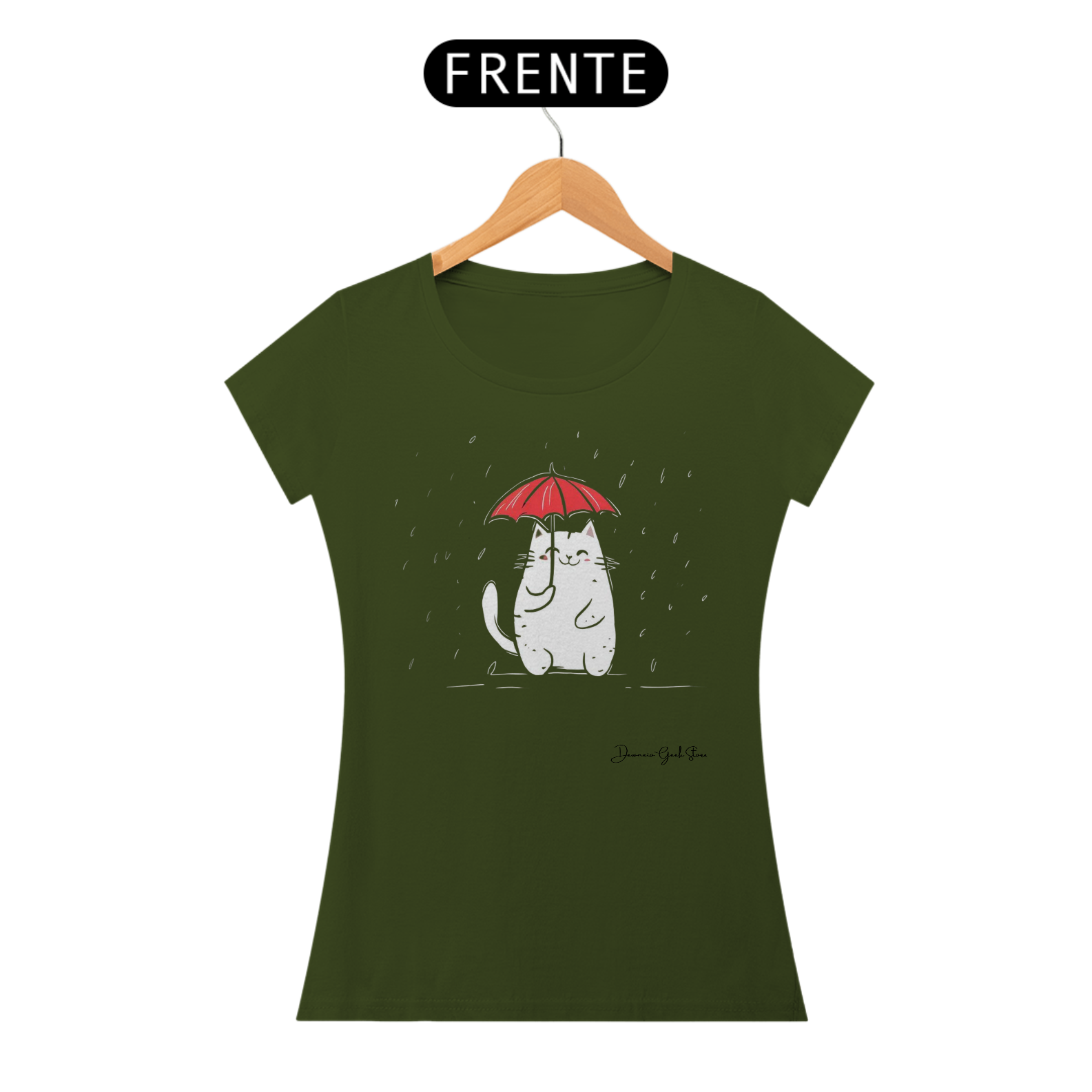 T-Shirt feminina gato na chuva