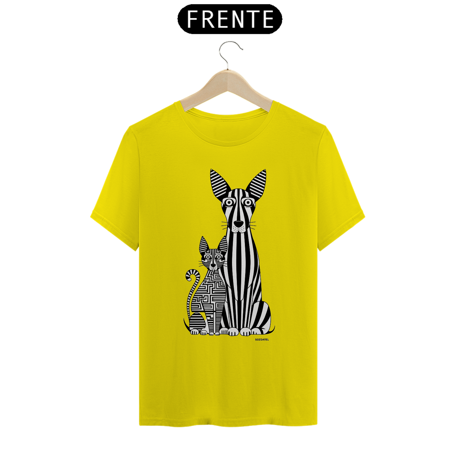 T-Shirt Quality Estampa Gato e Cão Linhas