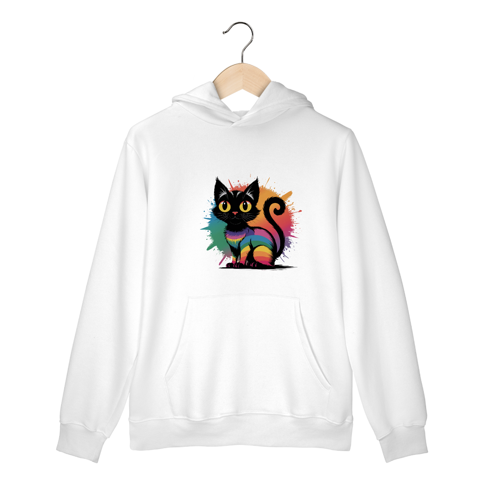 Moletom Canguru com Bolso e Capuz Estampa Gato Preto Arco-Iris