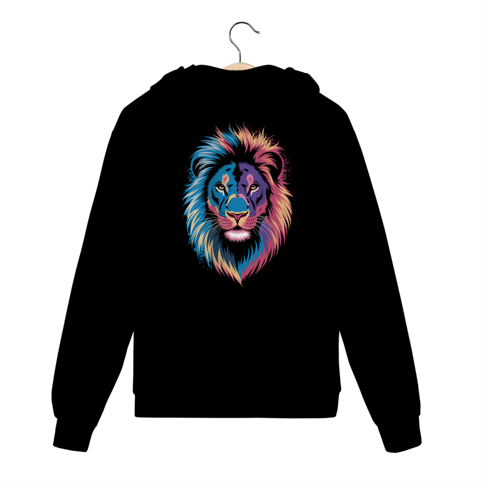 Moletom com Ziper, Bolso e Capuz Estampa Leão Colorido