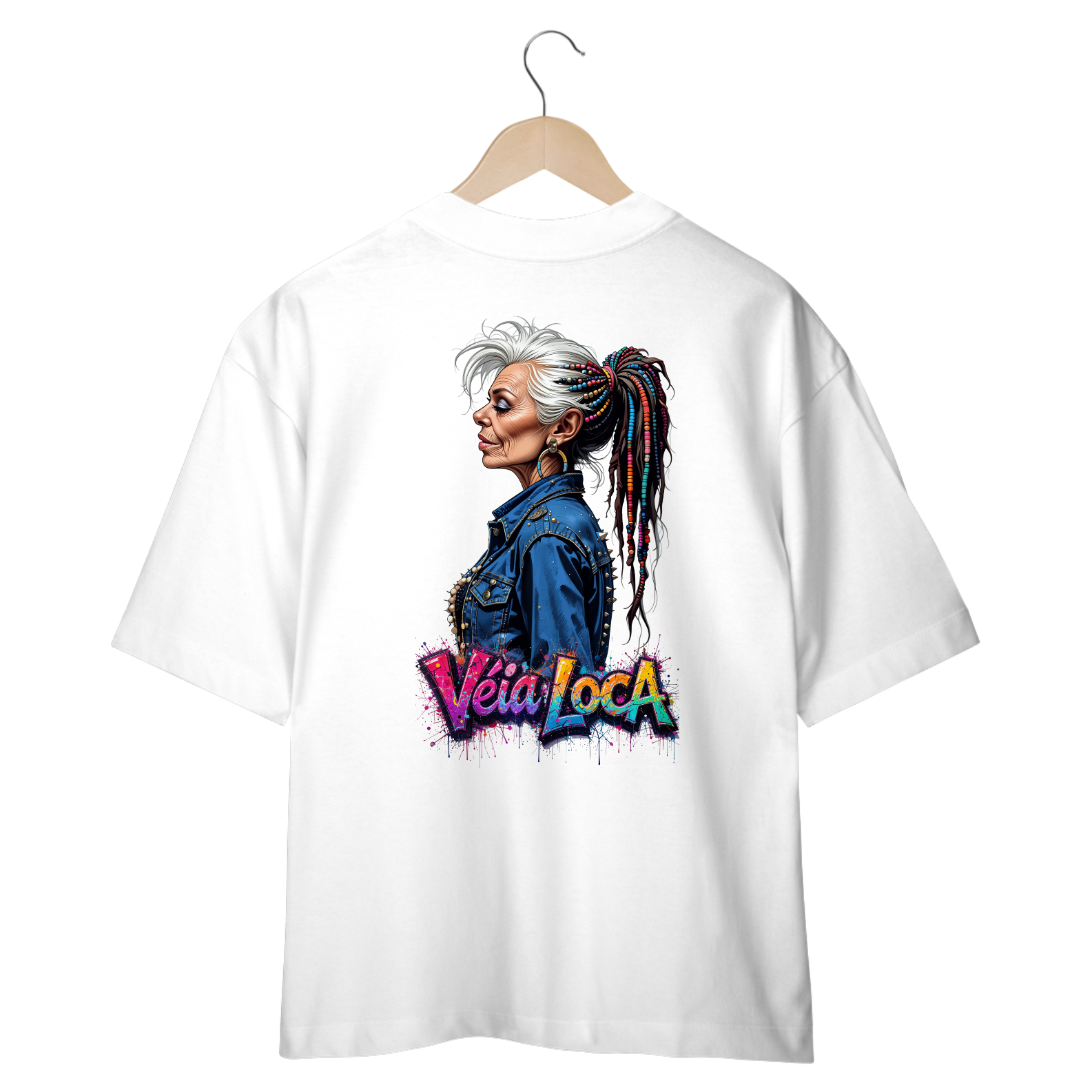 [Oversized] Camiseta Véia Loca Estilosa (Estampa nas Costas - Frente Lisa)