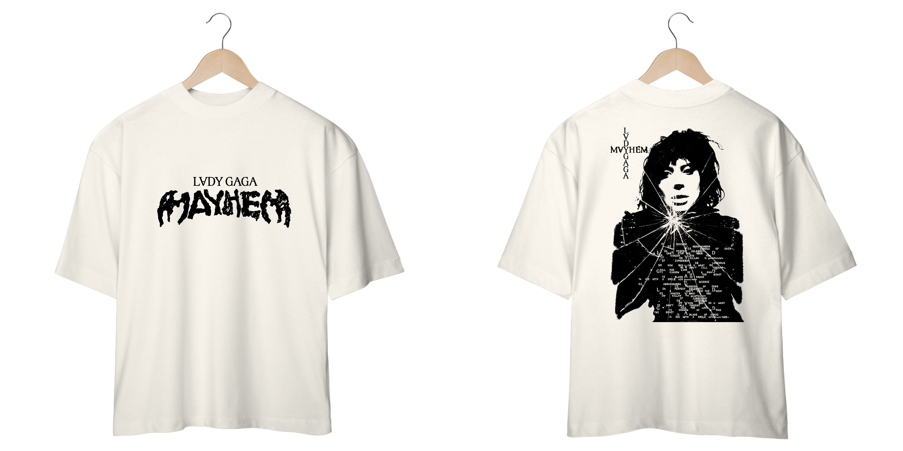 Camiseta Oversized Frente e Verso Lady Gaga - Mayhem + Broken Glass Black Tracklist