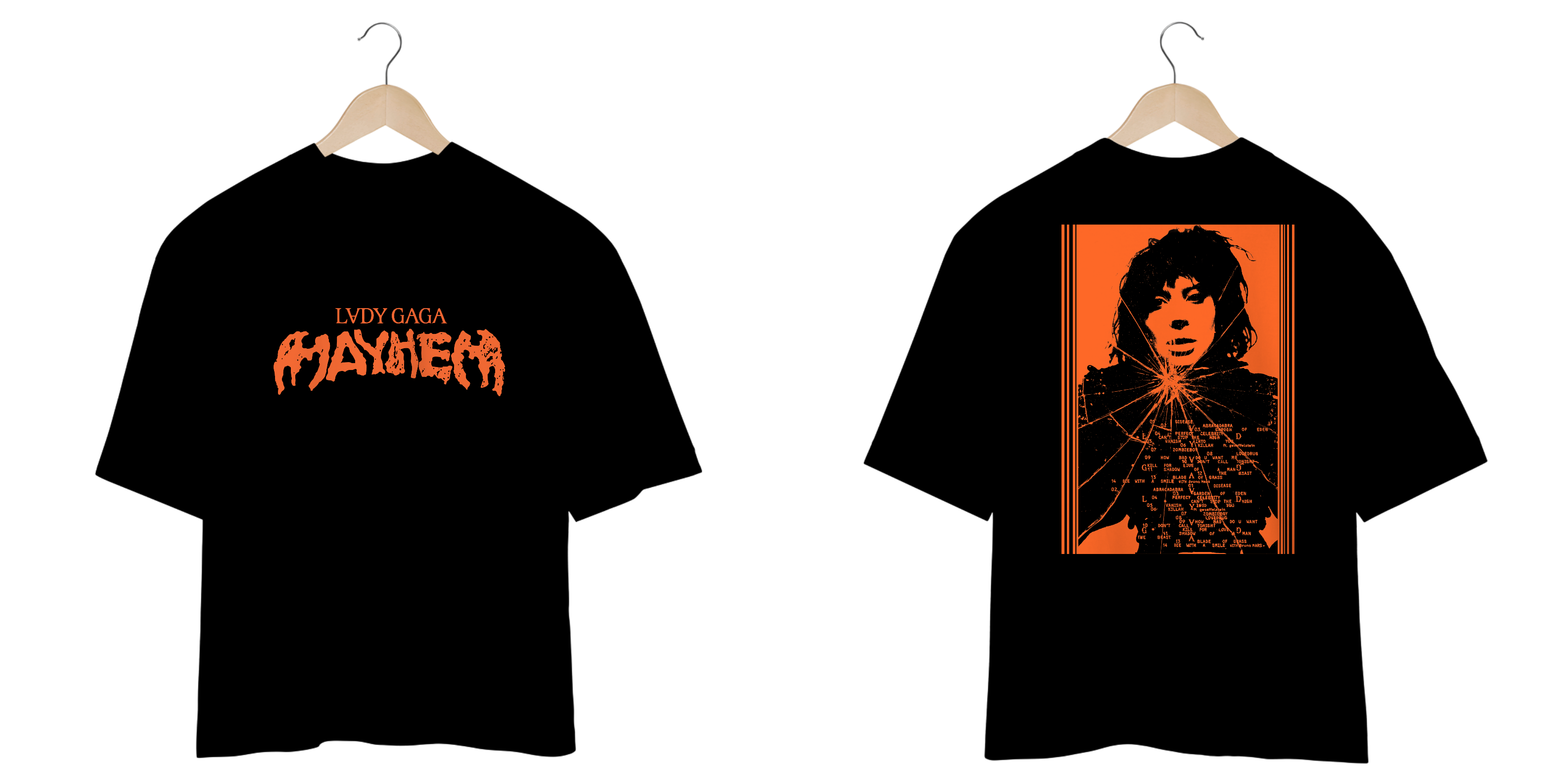 Camiseta Oversized Frente e Verso Lady Gaga - Mayhem + Broken Glass Tracklist