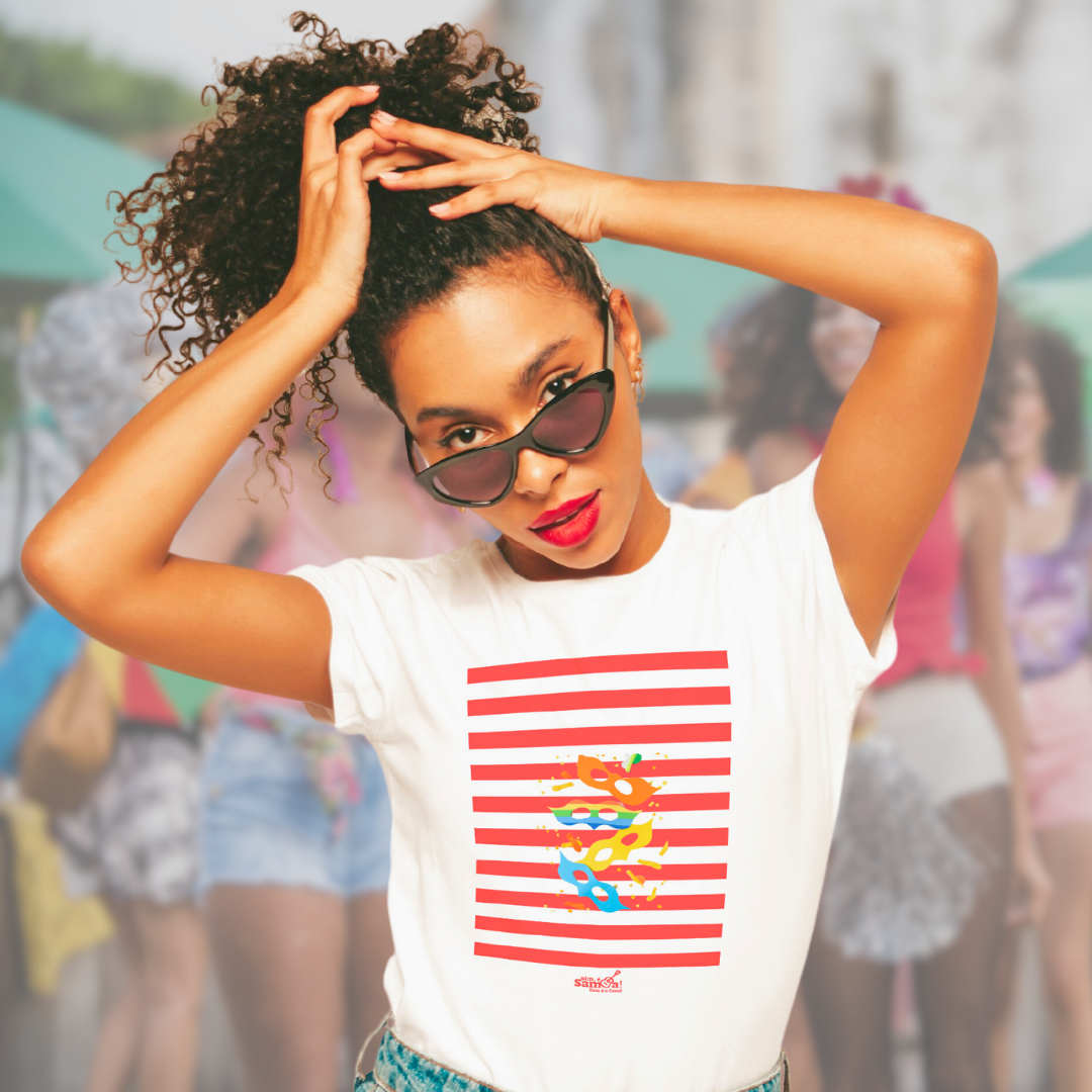 Camiseta Baby Long Clássica Feminina - Carnaval Branca e Vermelho