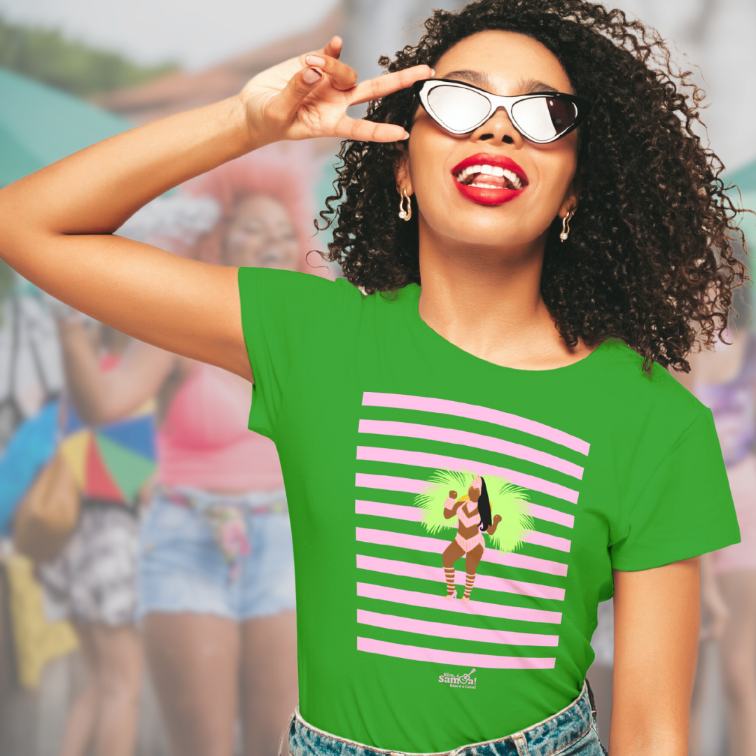 Camiseta Baby Long Clássica Feminina - Carnaval Verde e Rosa