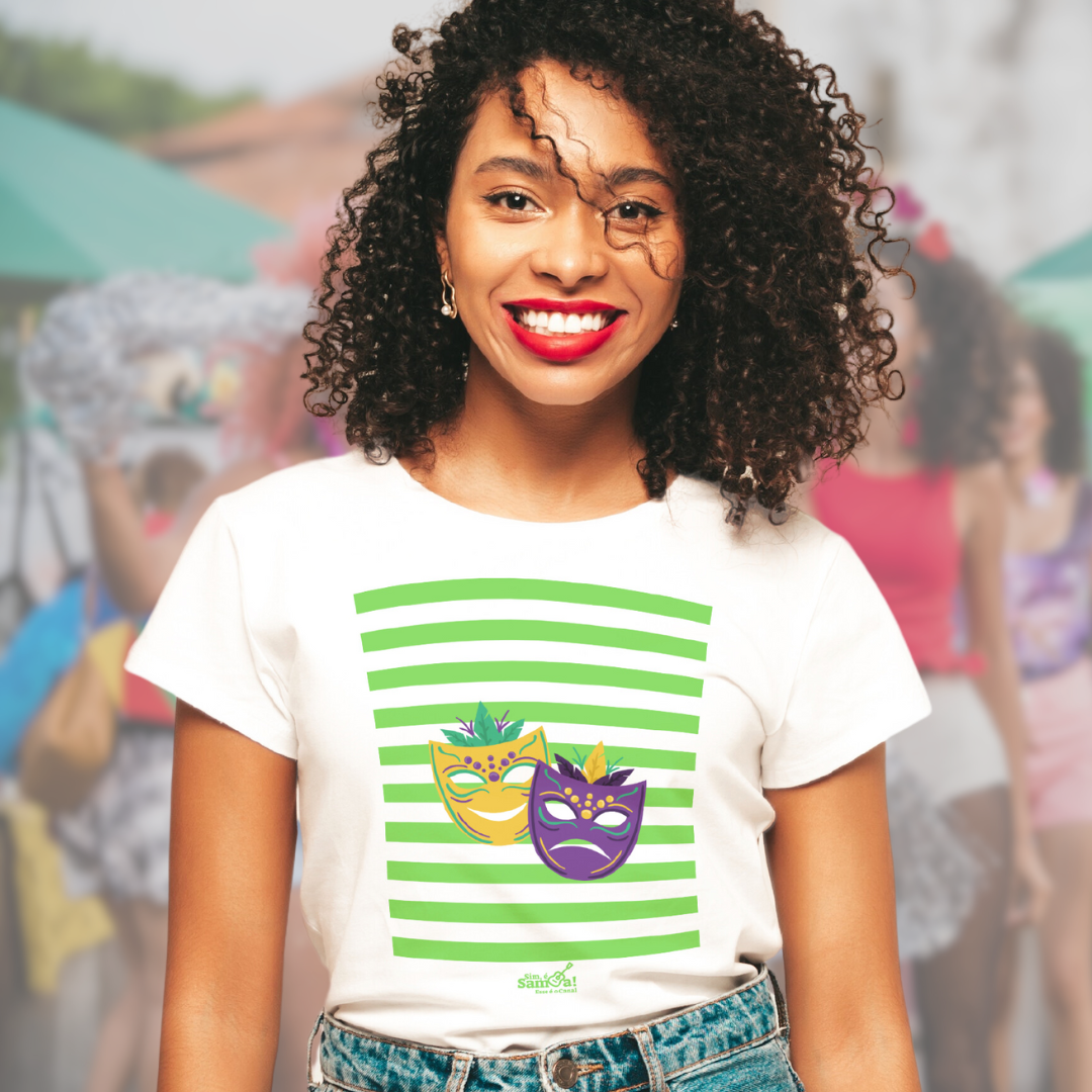 Camiseta Baby Long Clássica Feminina - Carnaval Verde e Branca