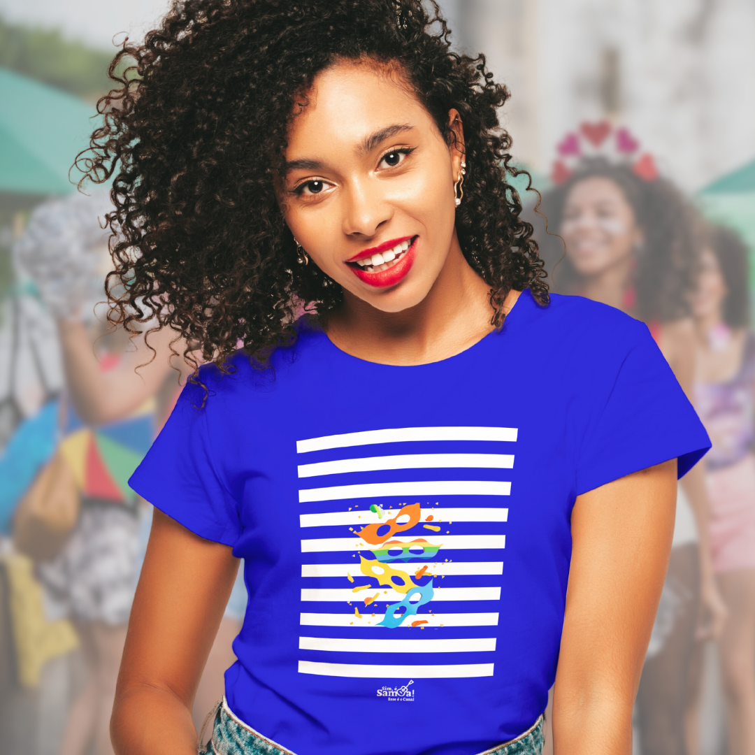 Camiseta Baby Long Clássica Feminina - Carnaval Azul e Branca