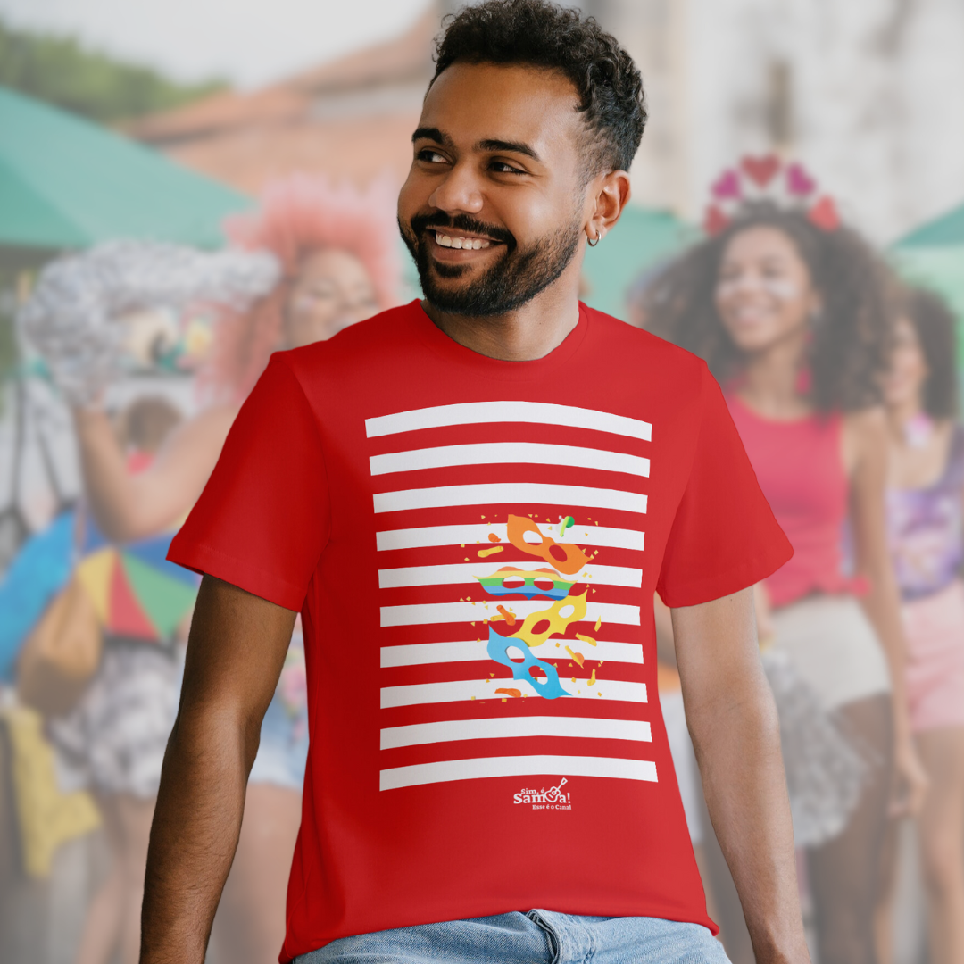 Camiseta Clássica Masculina - Carnaval Vermelho e Branco 