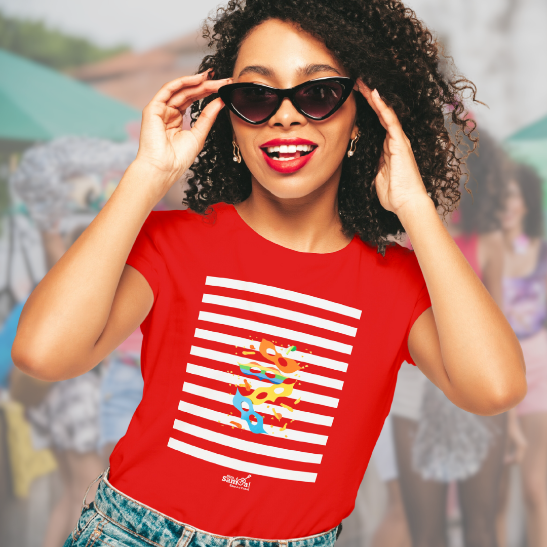 Camiseta Baby Long Clássica Feminina - Carnaval Vermelha e Branca