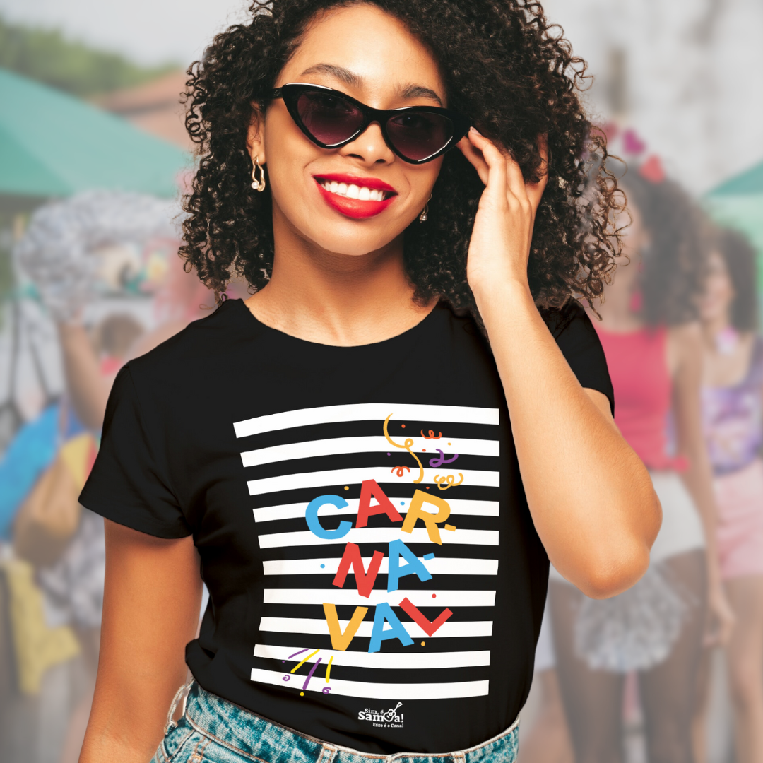 Camiseta Baby Long Feminina - Carnaval Preto e Branca
