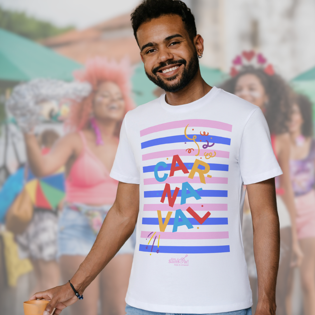 Camiseta Clássica Masculina - Carnaval Azul Rosa e Branca