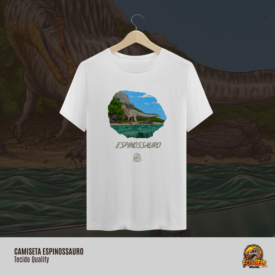 Camiseta - Espinossauro em Cor | Ilustração por Leandro Sanches