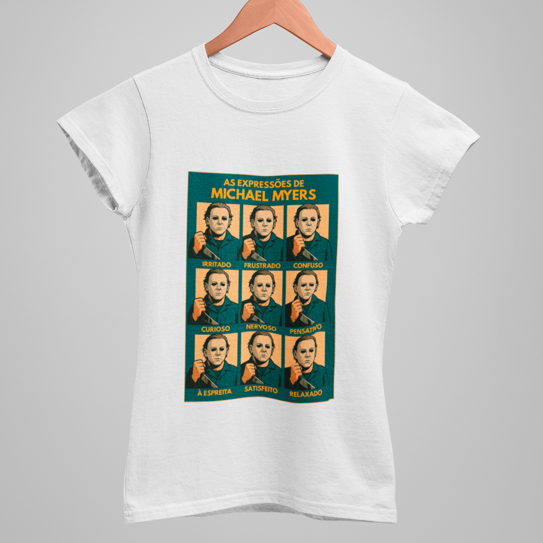 Camiseta feminina Baby Look As expressões de Michael Myers