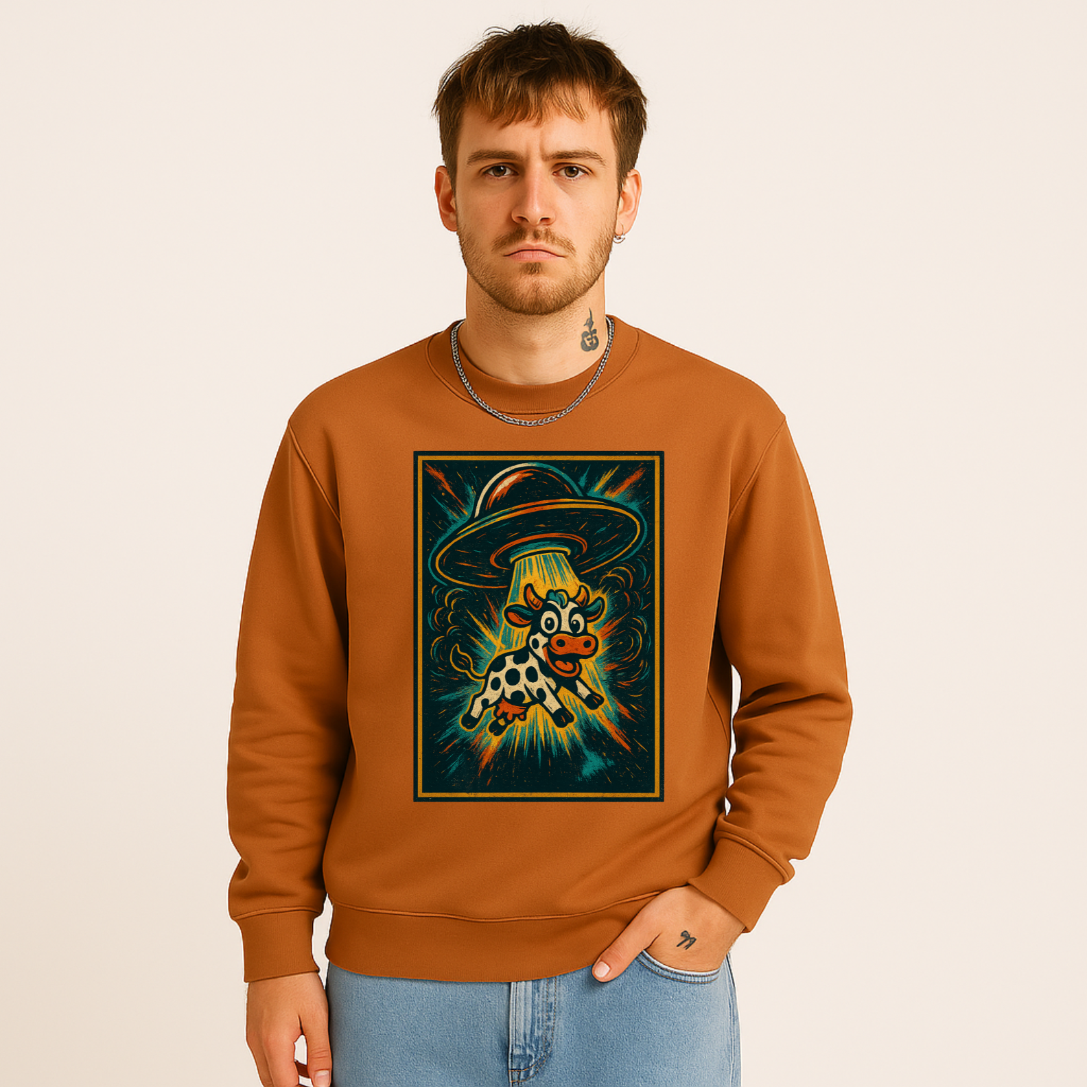 Moletom Unissex Abduction Cow – Estampa Retrô Sci-Fi | OxVibe