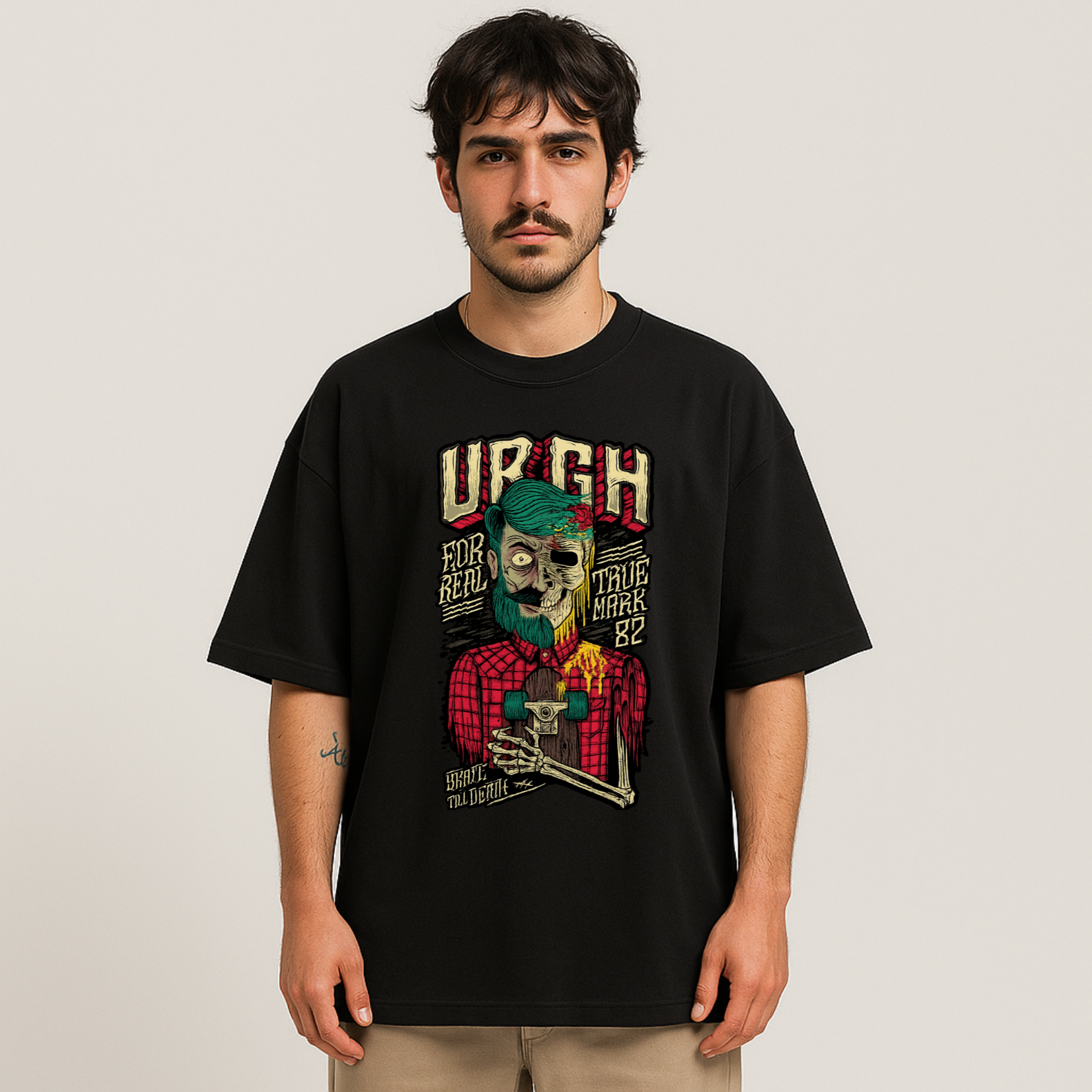 Camiseta Oversized URGH For Real – Estampa Skater Zumbi Brutalista e Vintage | OxVibe Streetwear