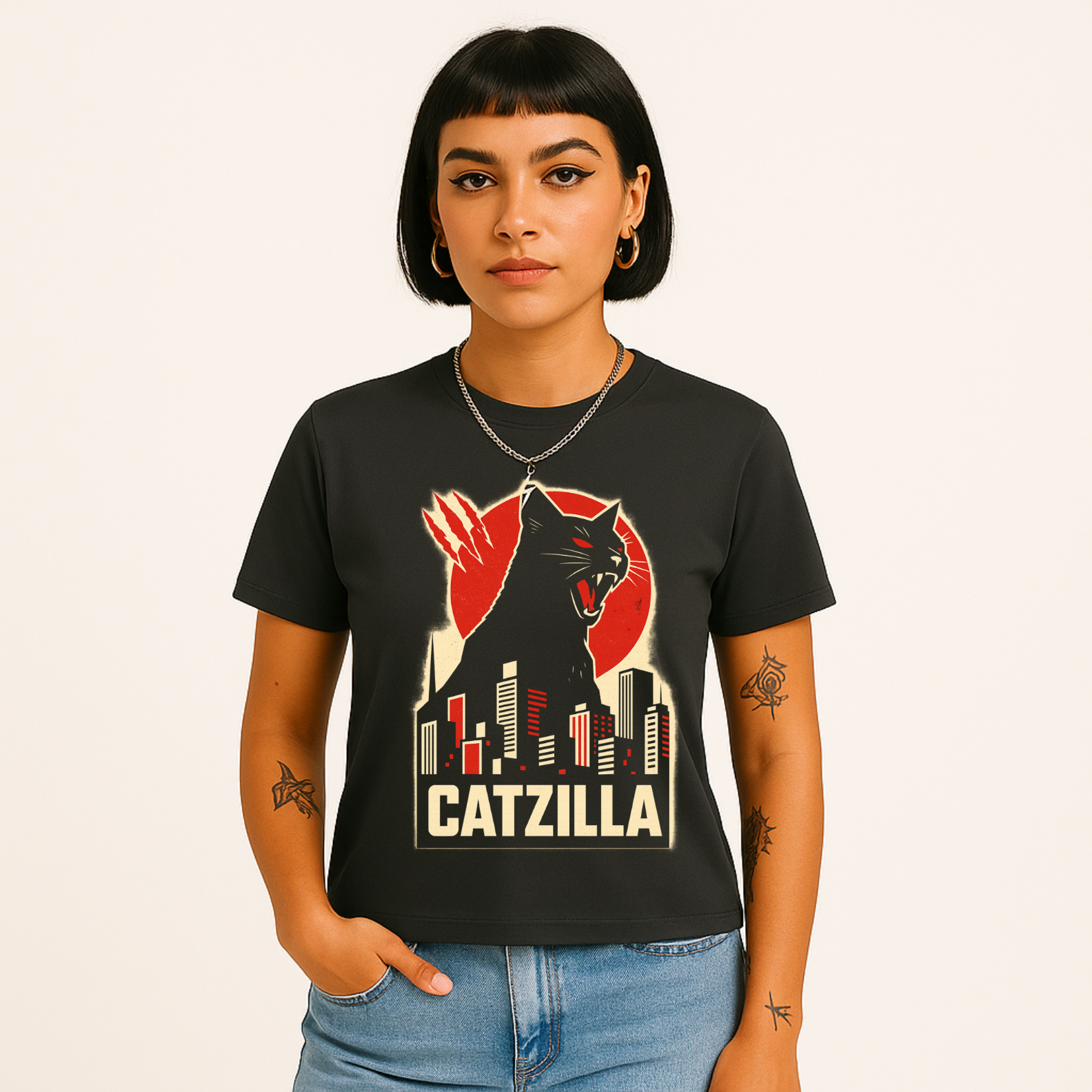 Camiseta CATZILLA – T-Shirt Quality Unissex com Estampa de Gato Monstro Urbano | OxVibe
